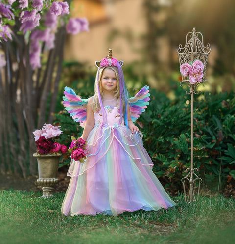 Rainbow Unicorn Princess Tutu Dress – Tulle Gown with Optional Pegasus Wings, Alicorn Headband & LED Light-Up Petticoat