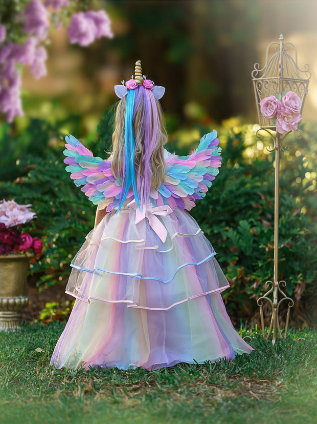 Rainbow Unicorn Princess Tutu Dress – Tulle Gown with Optional Pegasus Wings, Alicorn Headband & LED Light-Up Petticoat