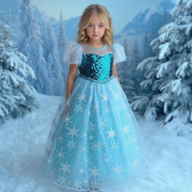 Elsa-Inspired Ice Queen Dress-Up Set for Girls – Glimmering Sequins Costume Gown with Detachable Snowflake Cape