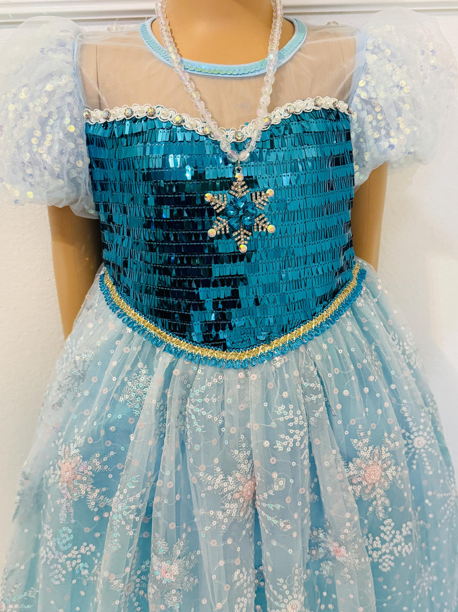 Elsa-Inspired Ice Queen Dress-Up Set for Girls – Glimmering Sequins Costume Gown with Detachable Snowflake Cape