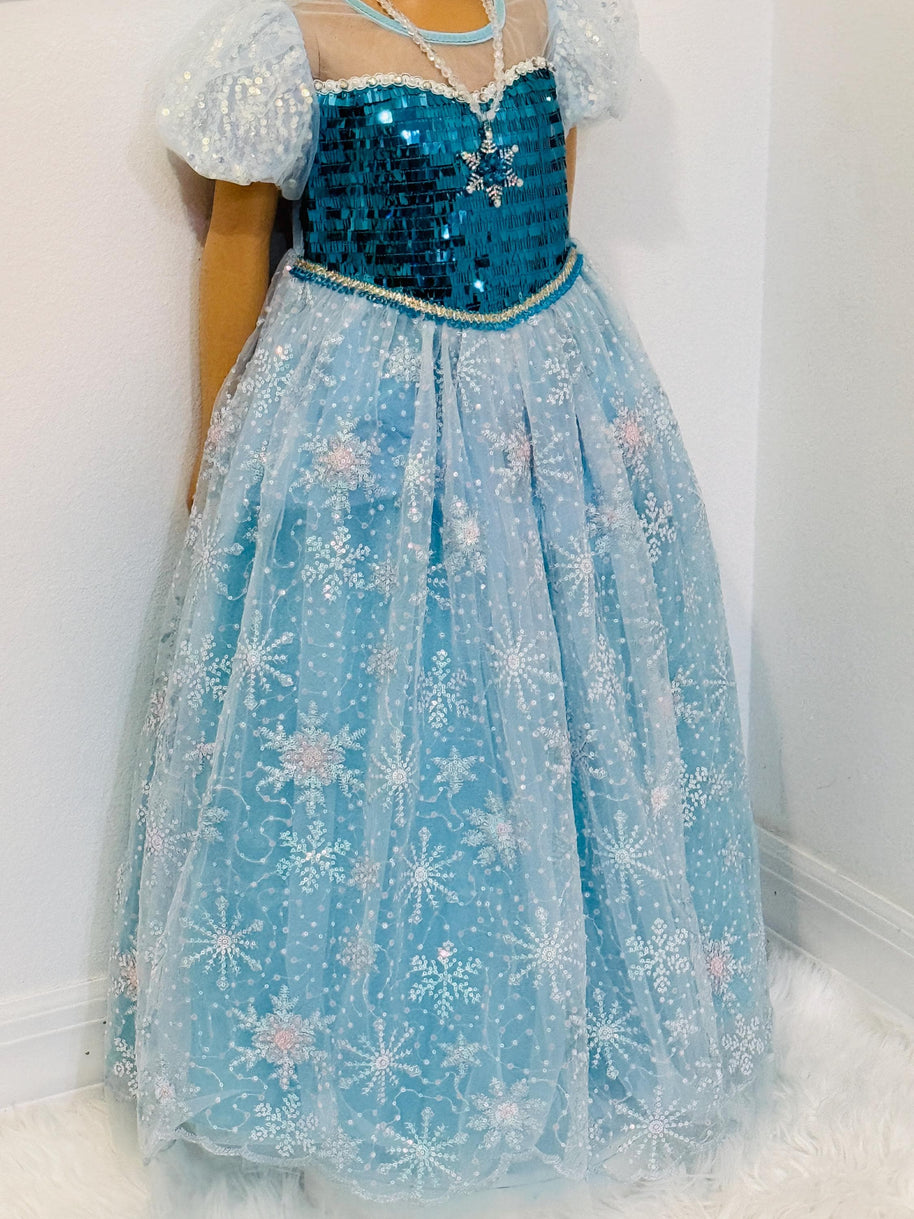 Elsa-Inspired Ice Queen Dress-Up Set for Girls – Glimmering Sequins Costume Gown with Detachable Snowflake Cape