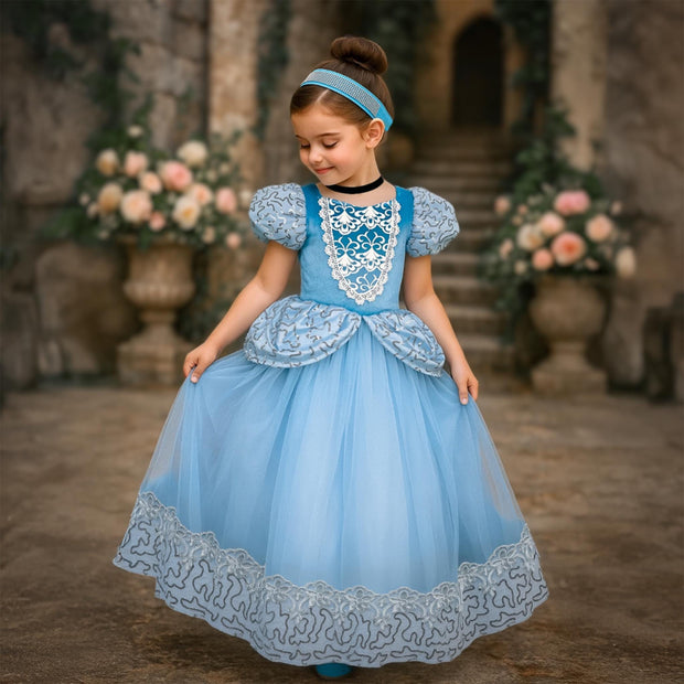 Cinderella-Inspired Blue Gown – Sequined Accents & Lace Bodice