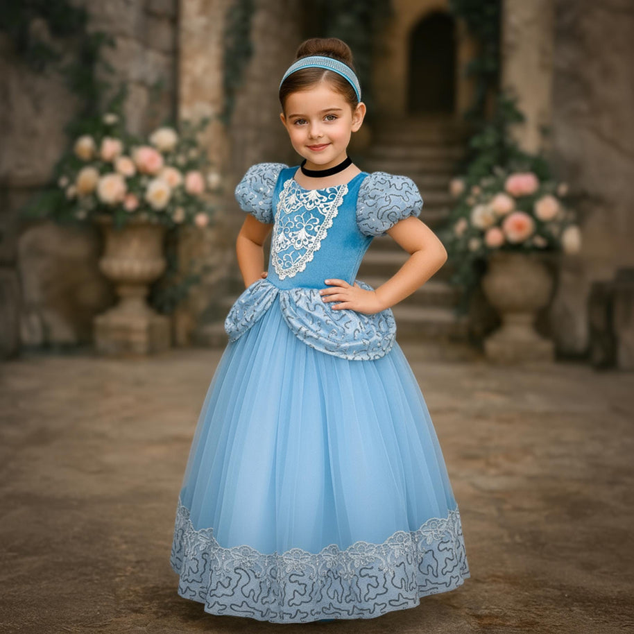 Cinderella-Inspired Blue Gown – Sequined Accents & Lace Bodice