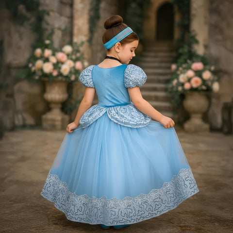 Cinderella-Inspired Blue Gown – Sequined Accents & Lace Bodice