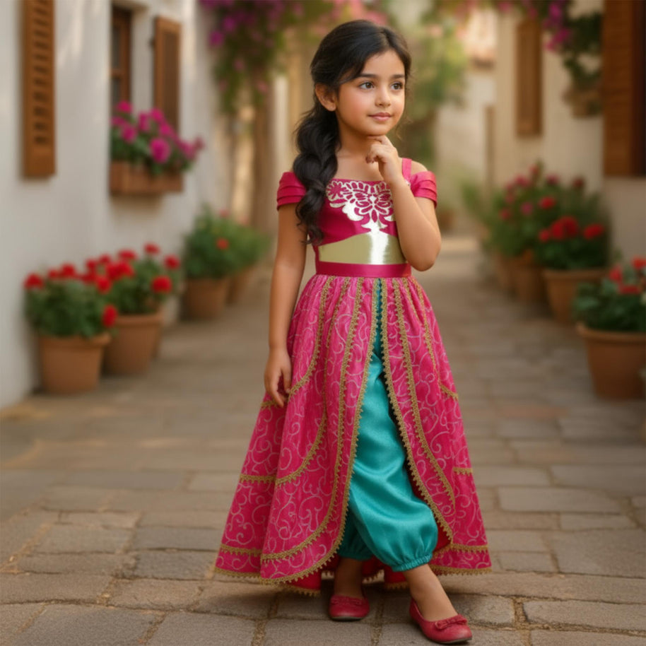 Jasmine-Inspired Princess Dress – Magenta & Teal Boutique Costume with Accessories for Birthdays, and Theme parks.