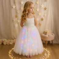 Rainbow Unicorn Princess Dress – White Floral Bodice & Tulle Skirt
