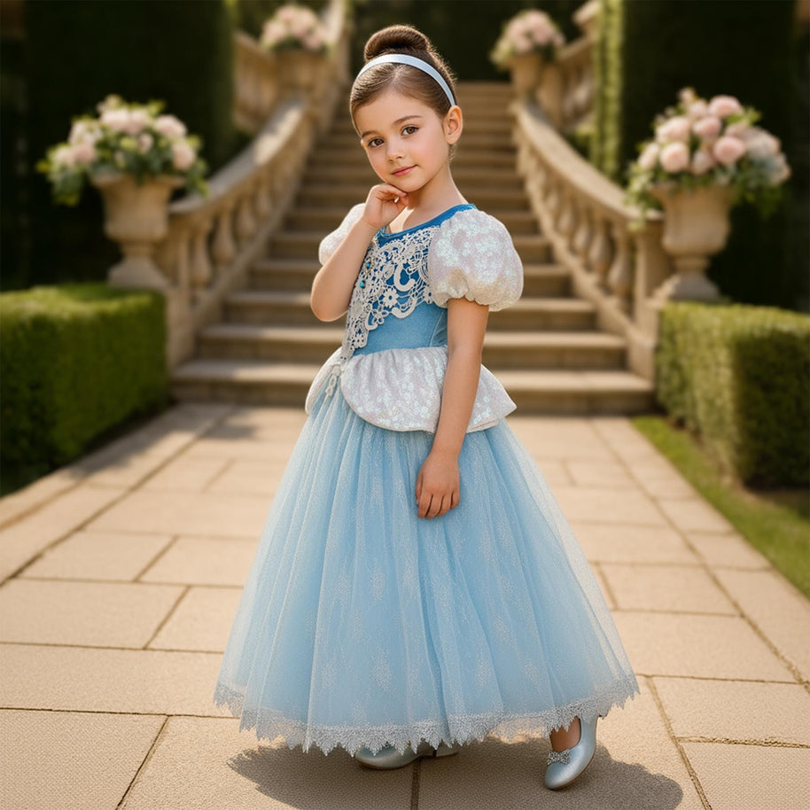 Cinderella-Inspired Blue Gown – Puff Sleeves & Lace Bodice