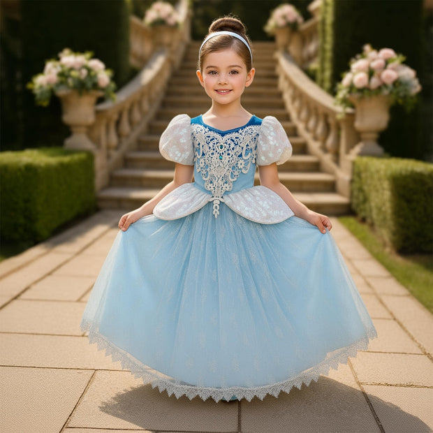 Cinderella-Inspired Blue Gown – Puff Sleeves & Lace Bodice