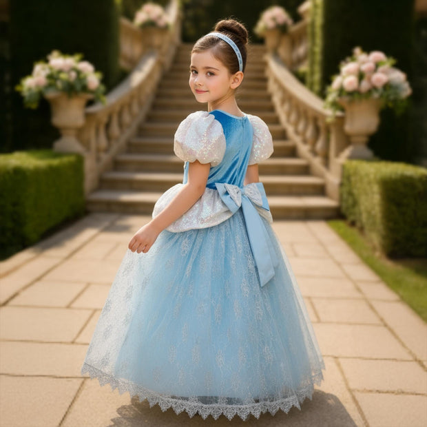 Cinderella-Inspired Blue Gown – Puff Sleeves & Lace Bodice