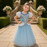 Cinderella-Inspired Blue Gown – Puff Sleeves & Lace Bodice