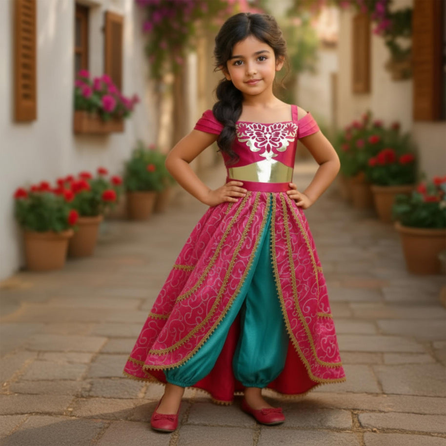 Jasmine-Inspired Princess Dress – Magenta & Teal Boutique Costume with Accessories for Birthdays, and Theme parks.