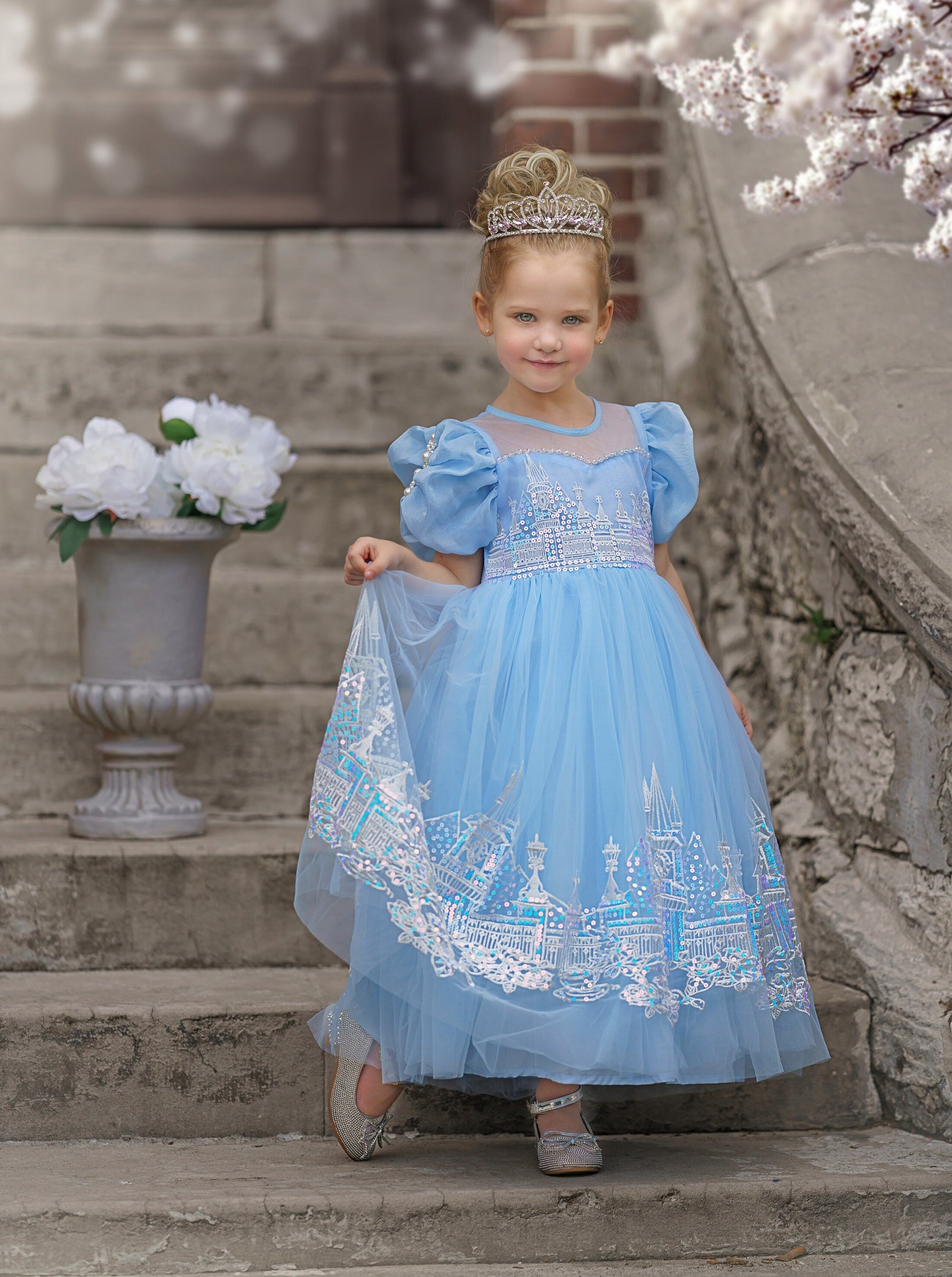 Elsa Inspired Princess Embroidery with Sequin Ball Gown Dress-Up Set, Ideal for Girls' Birthday Parties, Christmas Gift