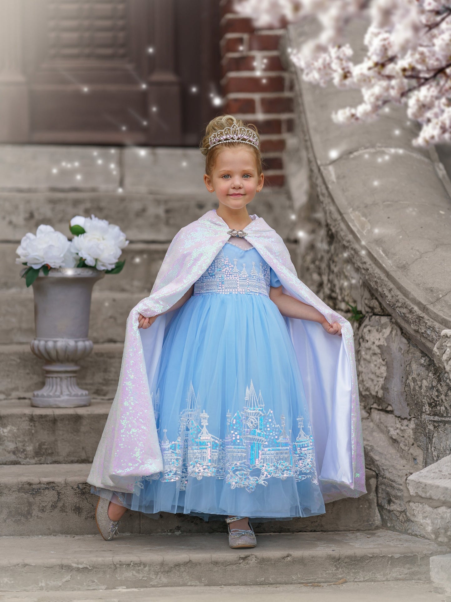 Elsa Inspired Princess Embroidery with Sequin Ball Gown Dress-Up Set, Ideal for Girls' Birthday Parties, Christmas Gift