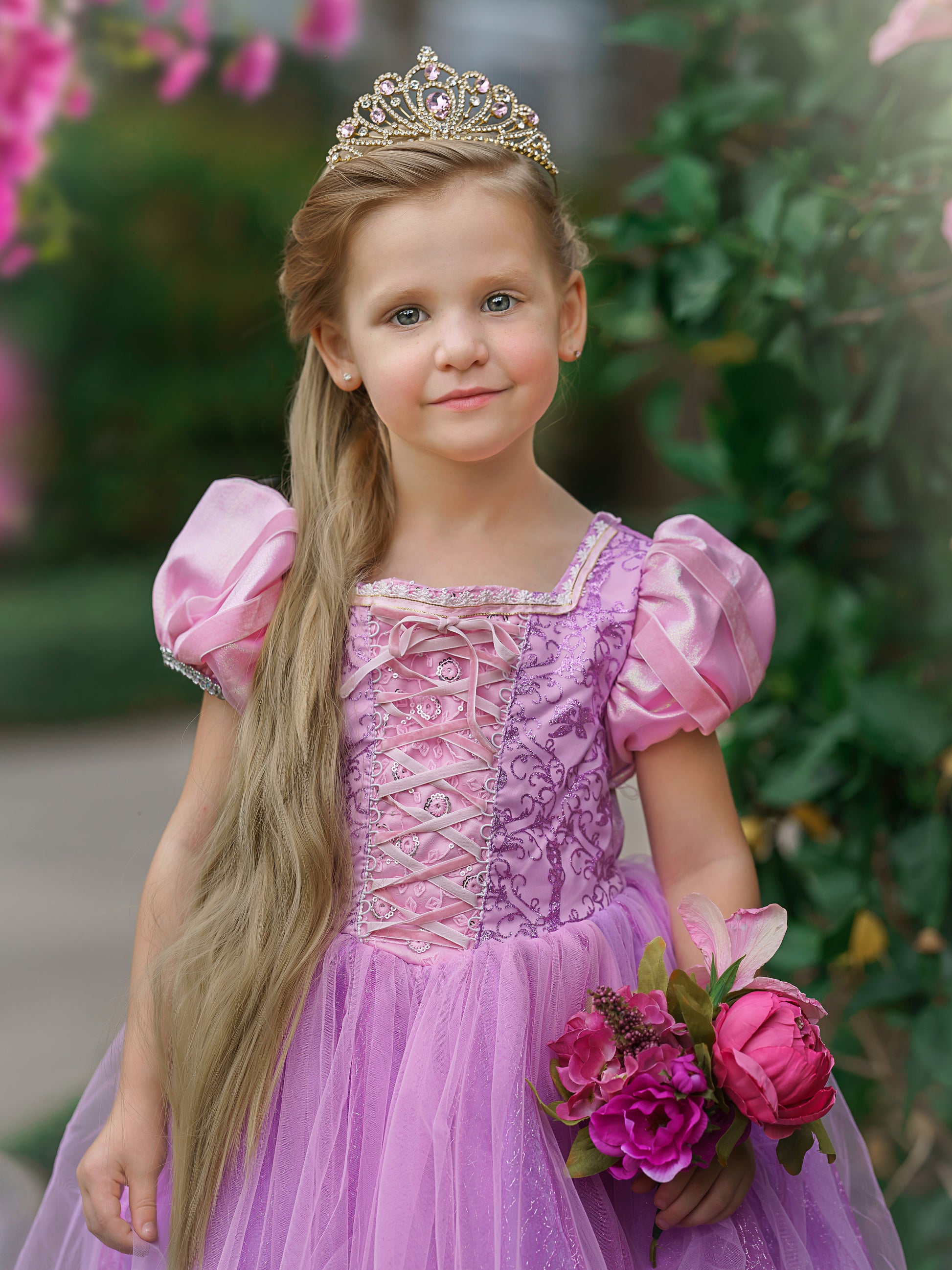 Disney Inspired Rapunzel Princess Dress Costume Set, Birthday Party Dress For Girls With Crown, Ball Gown, Dress Up, Rapunzel