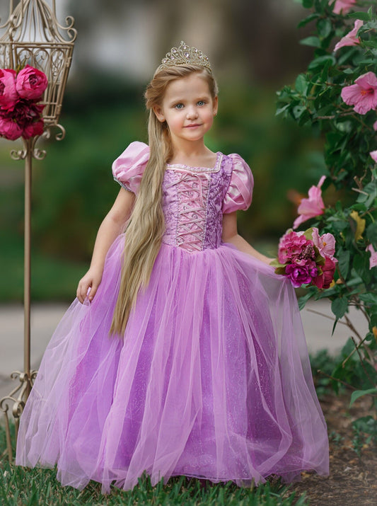 Disney Inspired Rapunzel Princess Dress Costume Set, Birthday Party Dress For Girls With Crown, Ball Gown, Dress Up, Rapunzel