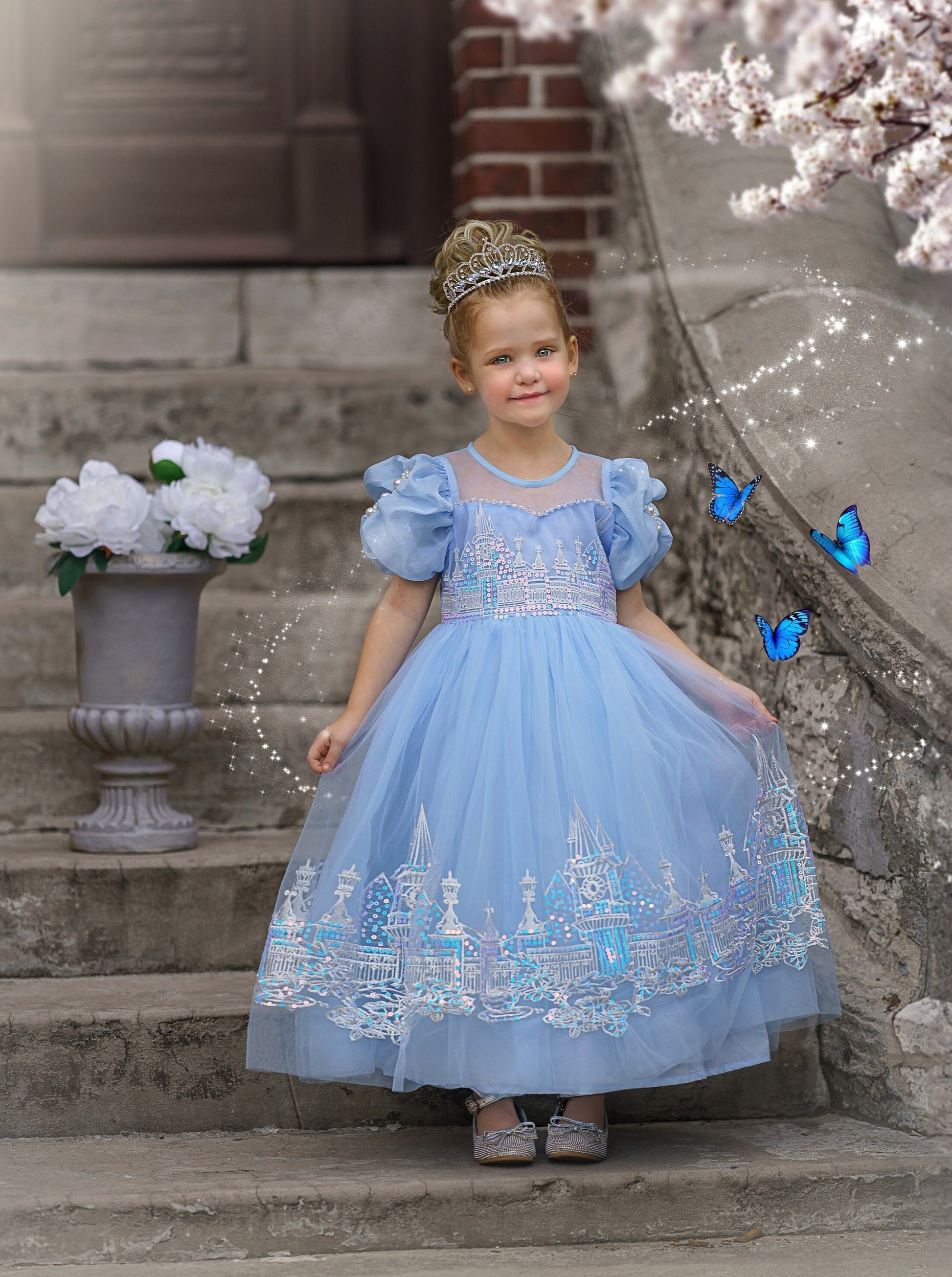 Elsa Inspired Princess Embroidery with Sequin Ball Gown Dress-Up Set, Ideal for Girls' Birthday Parties, Christmas Gift